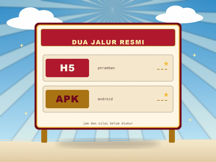 Papan jadwal krem berbingkai emas dengan kepala merah bertulisan DUA JALUR RESMI, dua baris jalur H5 dan APK berkolom jam bergaris putus-putus, dan dua tiang emas di bawahnya.
