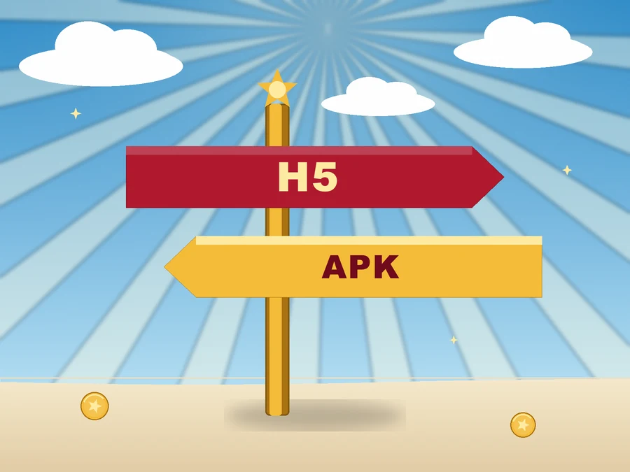 Papan penunjuk arah di langit cerah: papan merah bertulisan H5 menunjuk ke kanan di atas papan emas bertulisan APK yang menunjuk ke kiri, dengan bintang emas di puncak tiang dan dua koin emas di tanah.